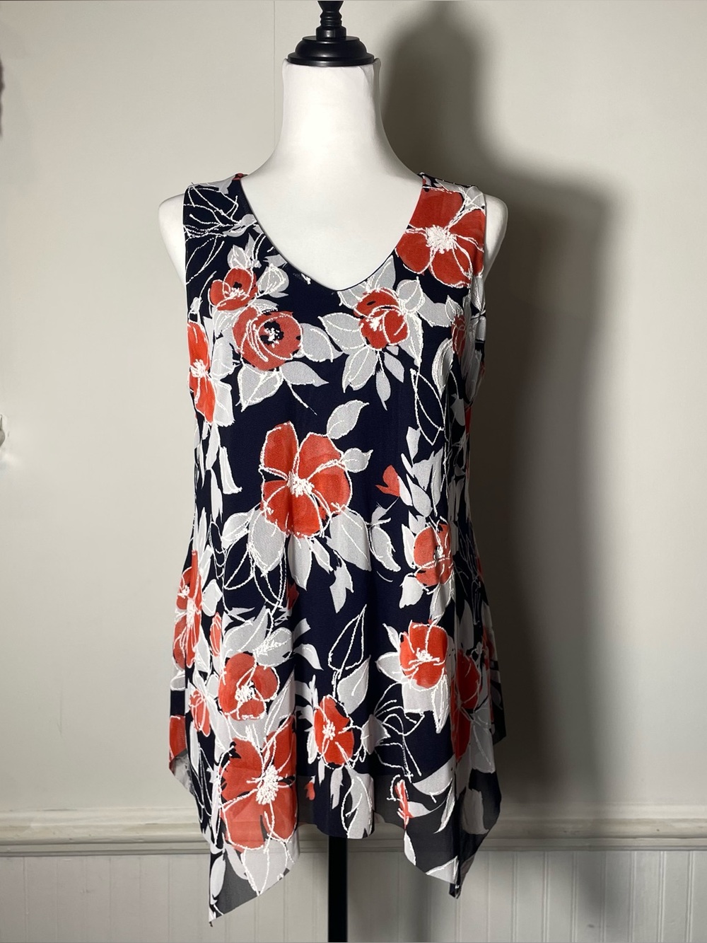 Espresso - Dark Blue Orange White Floral Asymmetrical V Neck Tank Top